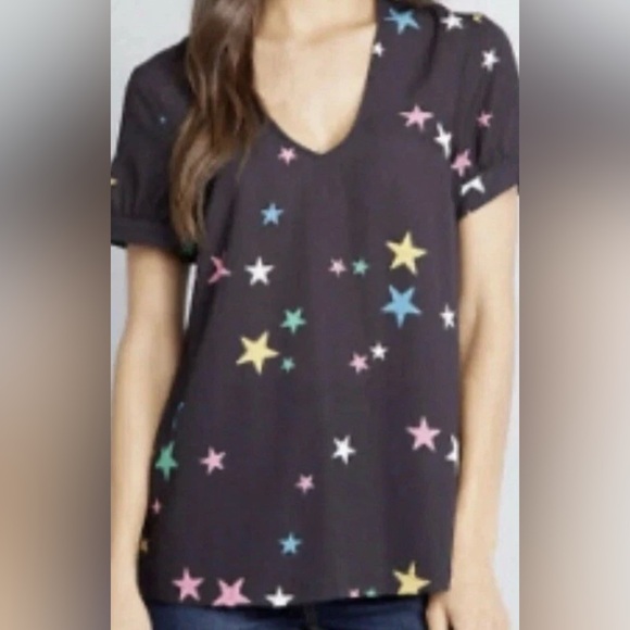 Modcloth Tops - ModCloth Black Star Print Tie‑Sleeve Blouse V‑Neck Whimsical Celestial Top‎ Sz S